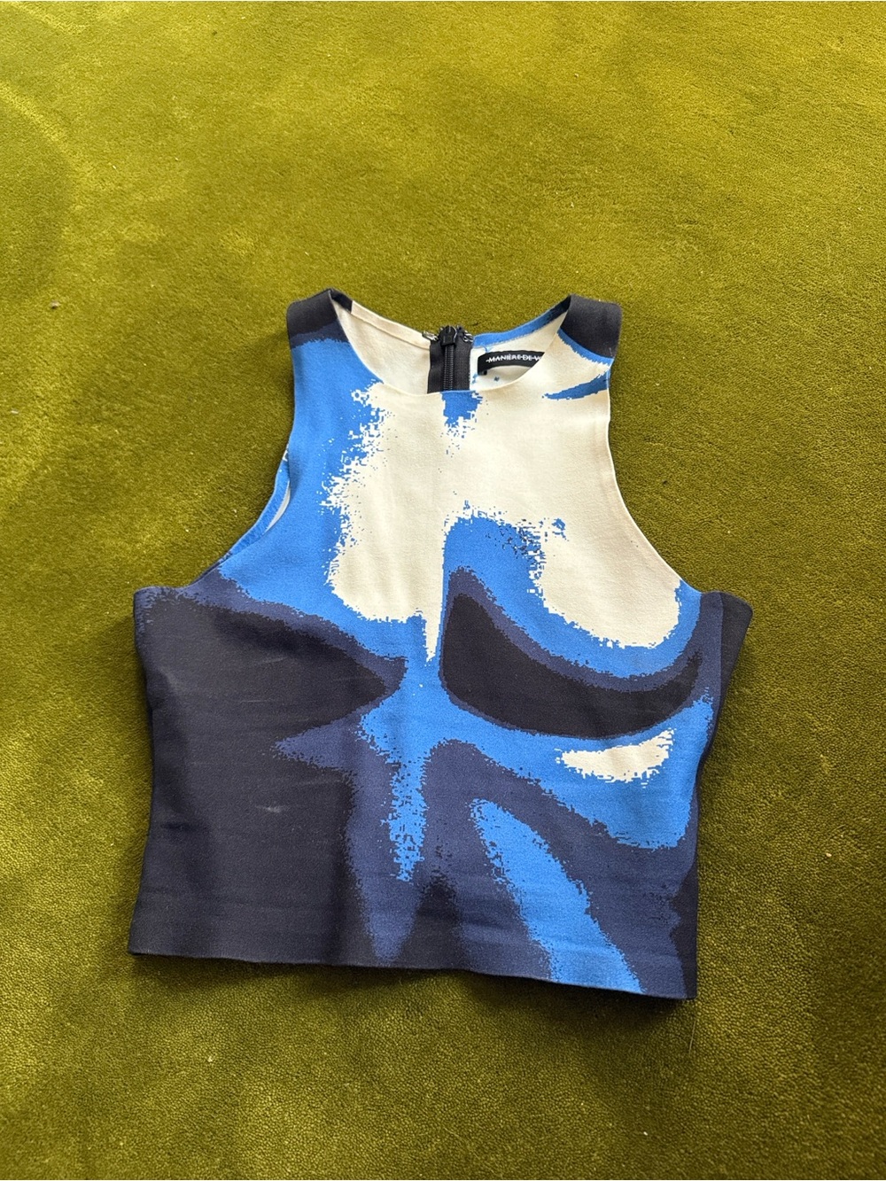 Manière De Voir Cream & Blue Abstract Sleeveless Crop Set